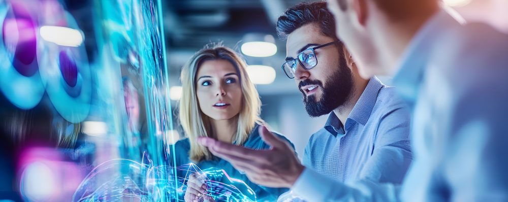 Business Team Discussing Data on Interactive Screen