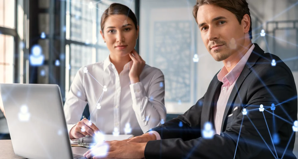 Businessman businesswoman formal wear working together looking new employees hire international business consulting hr social media icons modern panoramic office background