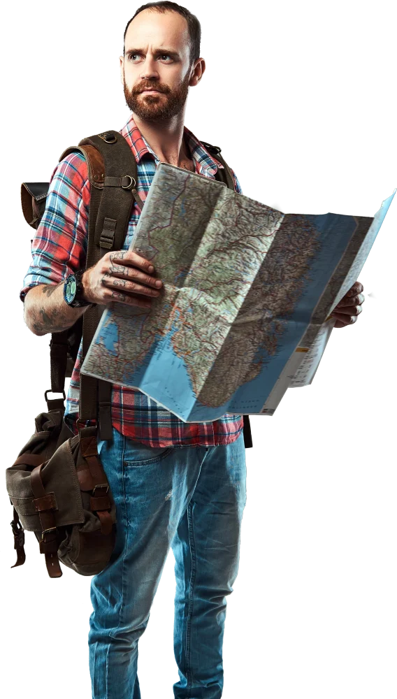 Portrait handsome tattooed traveler flannel shirt with backpack holds map standing studio isolated