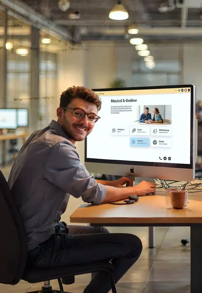 Happy employee working at a desk - Left