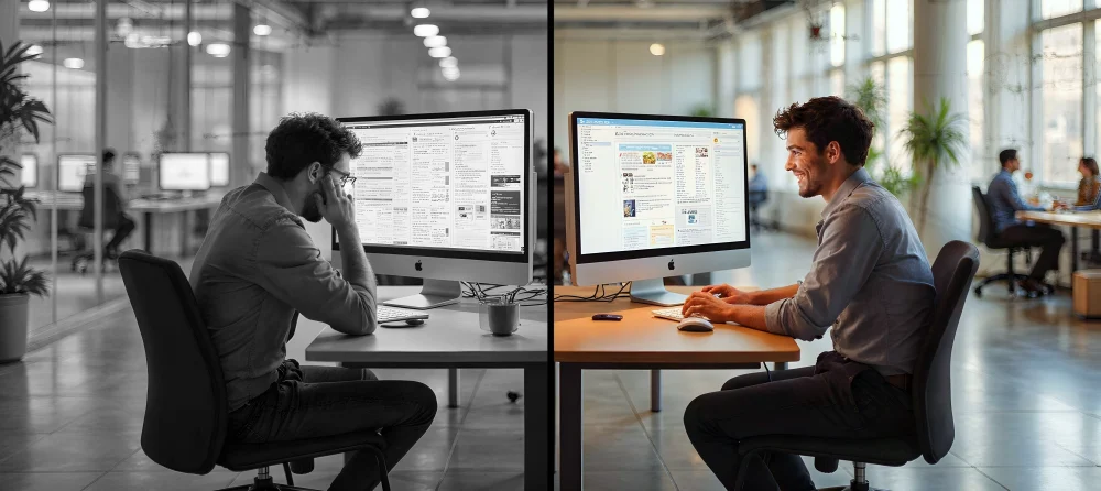 Droevige en blije werknemersillustratie werkend aan een bureau 3 - Contrast 1 - Uitsnede 1