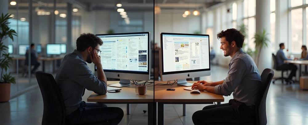 Droevige en blije werknemers aan een bureau